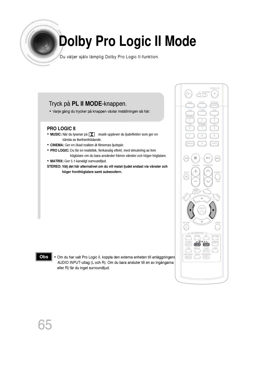 Samsung HT-P1200R/EDC, HT-P1200R/ELS manual Dolby Pro Logic II Mode, Tryck på PL II MODE-knappen 