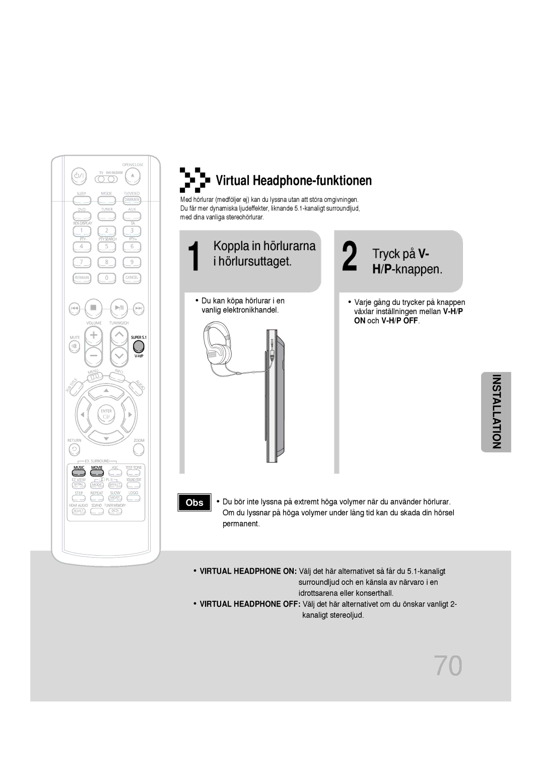 Samsung HT-P1200R/ELS, HT-P1200R/EDC manual Virtual Headphone-funktionen, Tryck på 