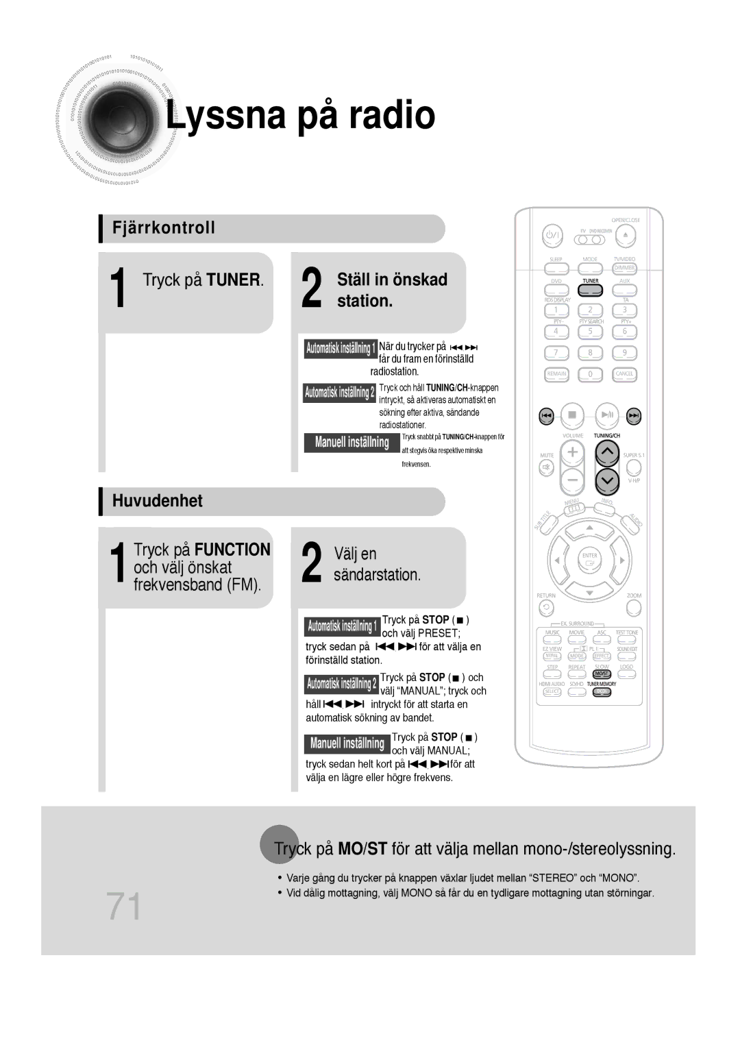 Samsung HT-P1200R/EDC, HT-P1200R/ELS manual Lyssna på radio, Fjärrkontroll Tryck på Tuner, Station, Huvudenhet 