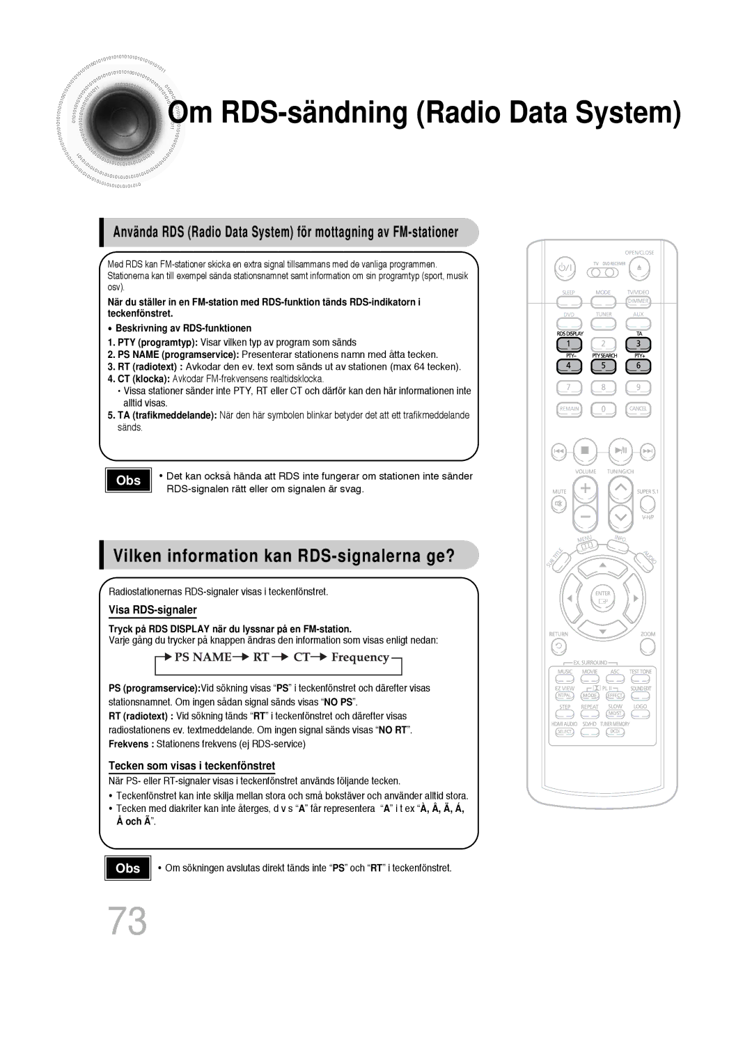 Samsung HT-P1200R/EDC, HT-P1200R/ELS manual Om RDS-sändning Radio Data System, Vilken information kan RDS-signalerna ge? 