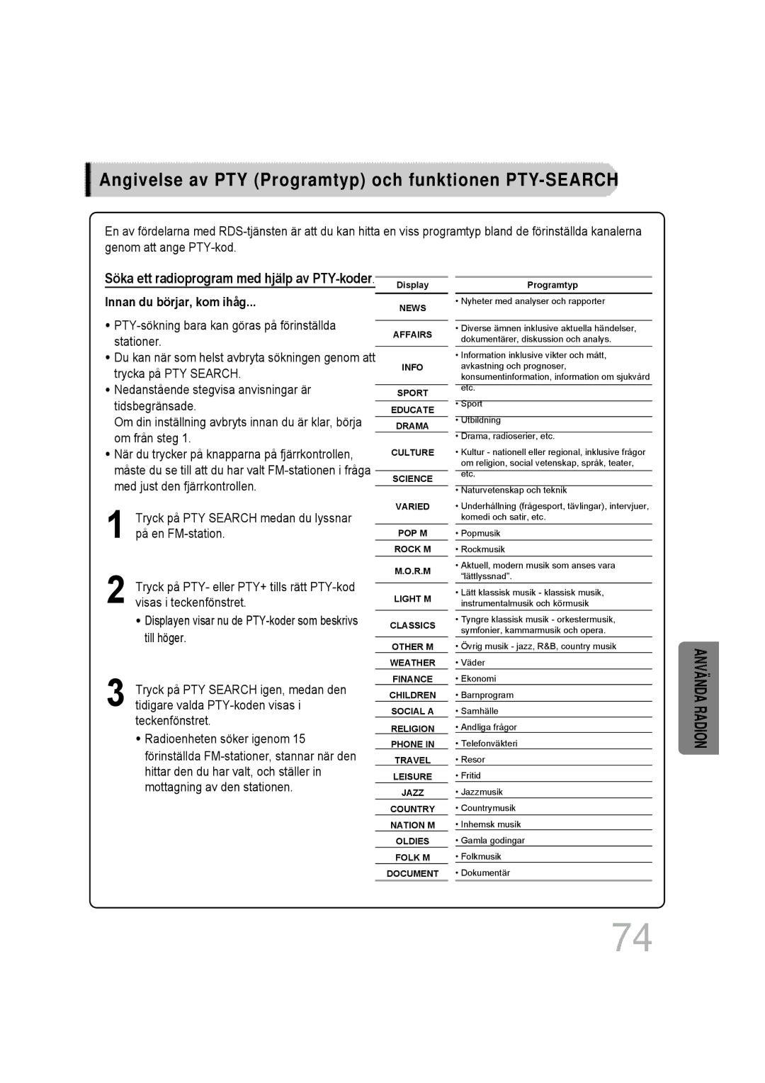 Samsung HT-P1200R/ELS, HT-P1200R/EDC manual Angivelse av PTY Programtyp och funktionen PTY-SEARCH, Innan du börjar, kom ihåg 