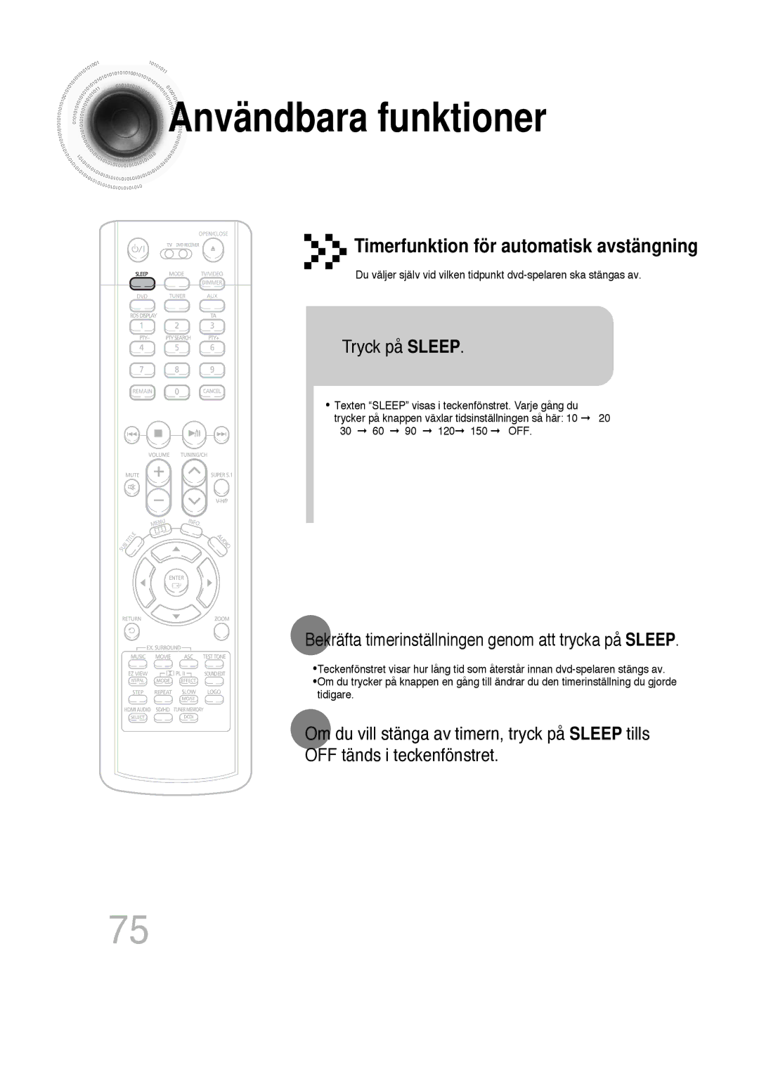 Samsung HT-P1200R/EDC, HT-P1200R/ELS manual Användbara funktioner, Timerfunktion för automatisk avstängning, Tryck på Sleep 