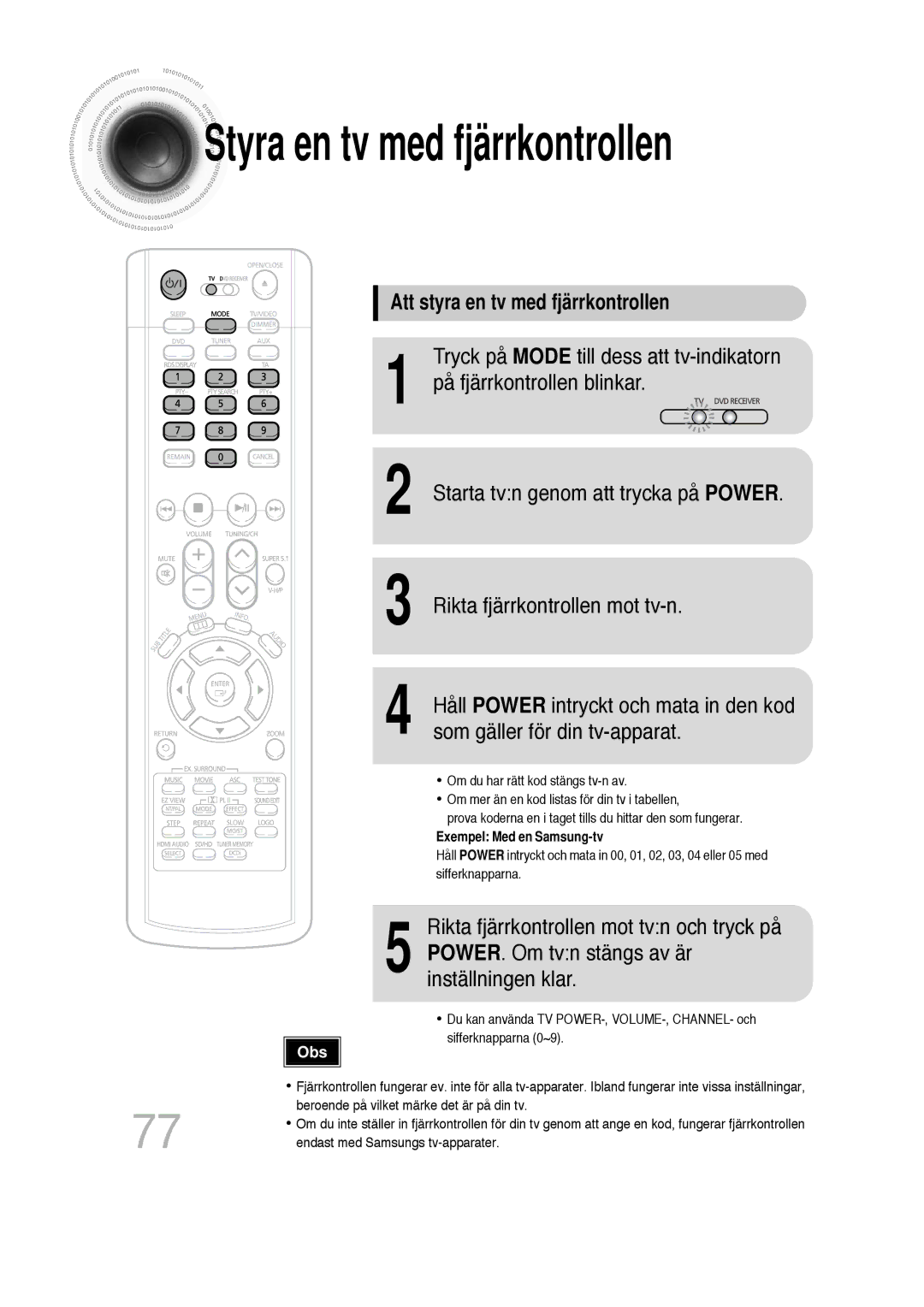 Samsung HT-P1200R/EDC, HT-P1200R/ELS manual Styra en tv med fjärrkontrollen, Att styra en tv med fjärrkontrollen 