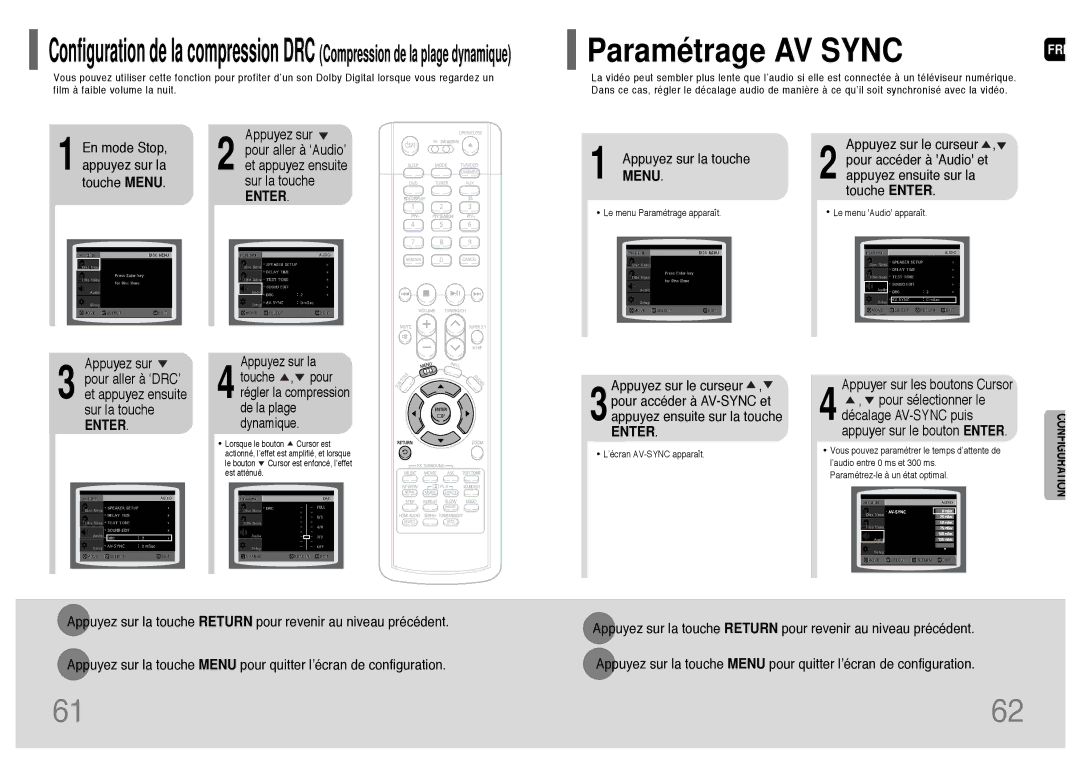 Samsung HT-P1200R/ELS Paramétrage AV Sync, Le menu Paramétrage apparaît, Le menu Audio apparaît, ’écran AV-SYNC apparaît 