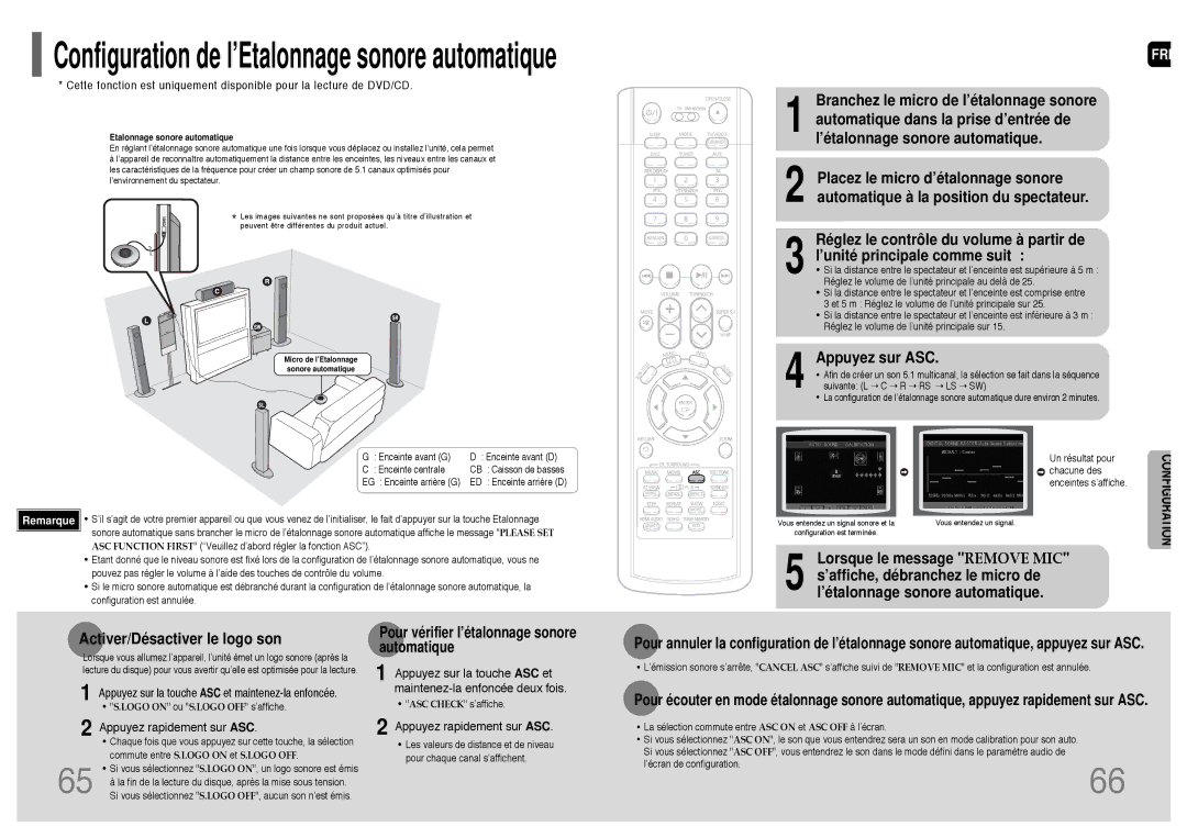 Samsung HT-P1200R/ELS manual Appuyez sur ASC, Pour vérifier l’étalonnage sonore automatique 