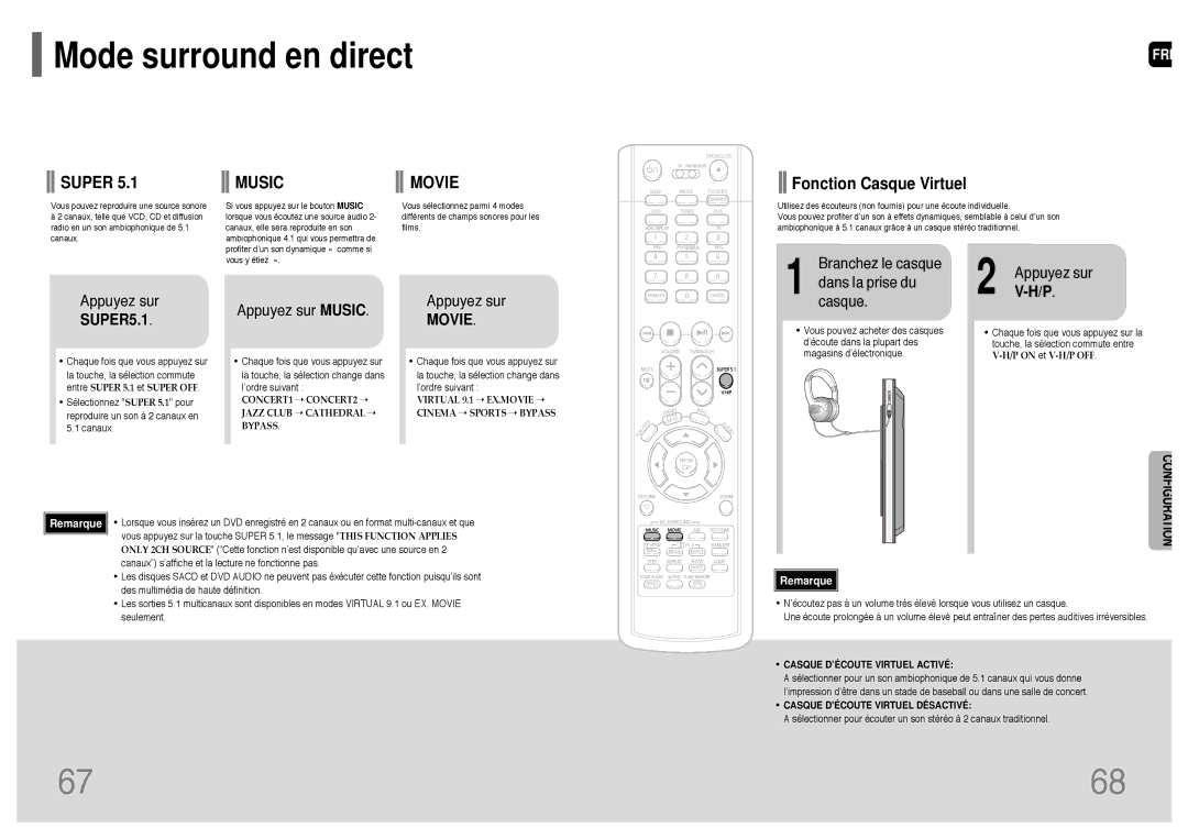 Samsung HT-P1200R/ELS manual Mode surround en direct, Appuyez sur Appuyez sur Music, SUPER5.1 