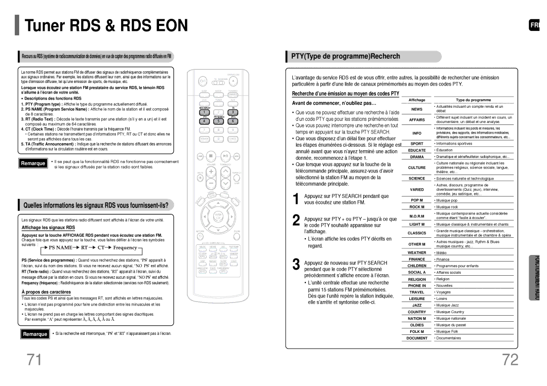 Samsung HT-P1200R/ELS manual Tuner RDS & RDS EON, PTYType de programmeRecherch, Avant de commencer, n’oubliez pas… 