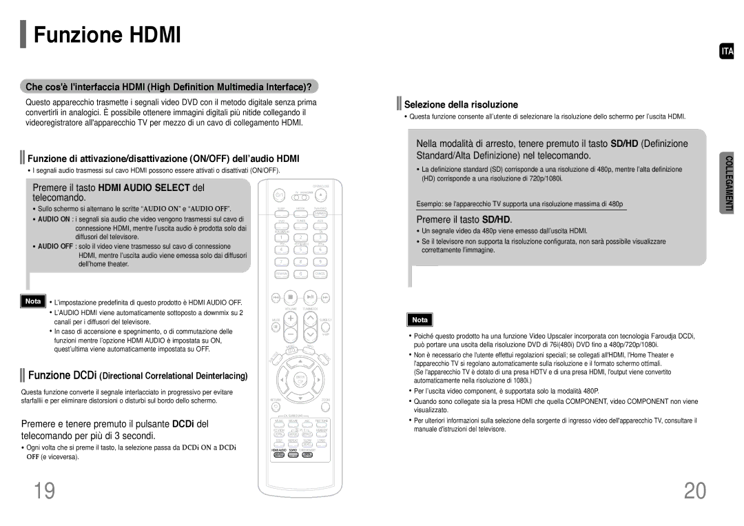 Samsung HT-P1200R/ELS manual Funzione Hdmi, Premere il tasto Hdmi Audio Select del telecomando, Selezione della risoluzione 