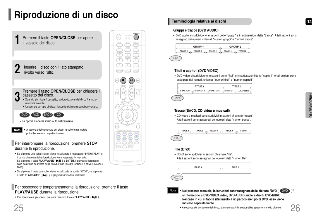 Samsung HT-P1200R/ELS manual Riproduzione di un disco, Gruppi e tracce DVD Audio, Titoli e capitoli DVD Video, File DivX 