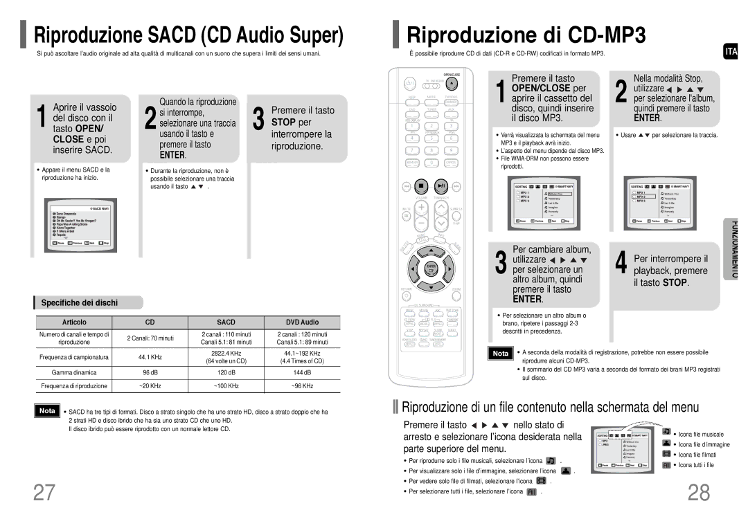 Samsung HT-P1200R/ELS manual Riproduzione di CD-MP3, Stop per 