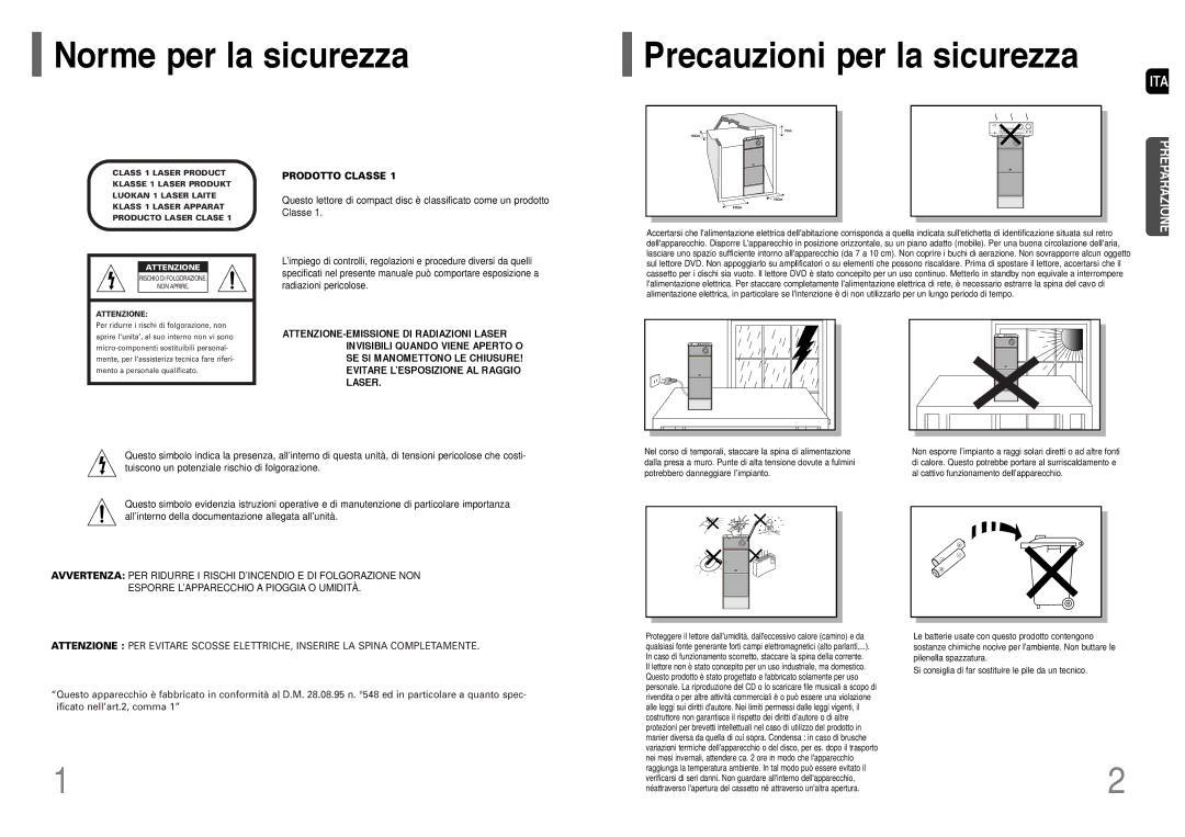 Samsung HT-P1200R/ELS manual Norme per la sicurezza Precauzioni per la sicurezza, Ita 