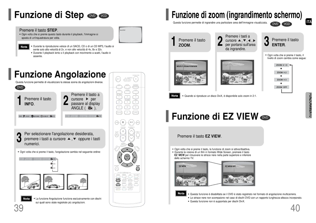 Samsung HT-P1200R/ELS manual Funzione di Step DVD VCD, Funzione Angolazione, Funzione di EZ View DVD, Info 