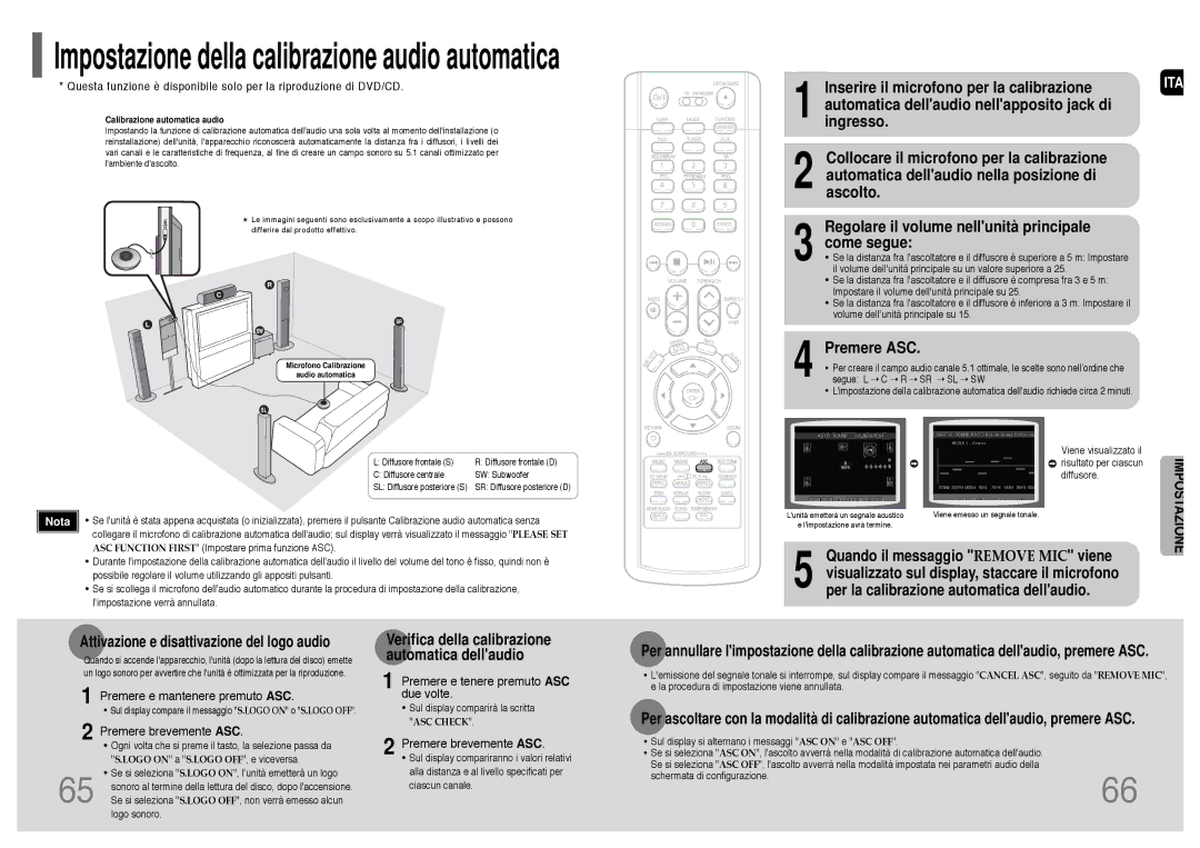 Samsung HT-P1200R/ELS manual Inserire il microfono per la calibrazione, Premere ASC 