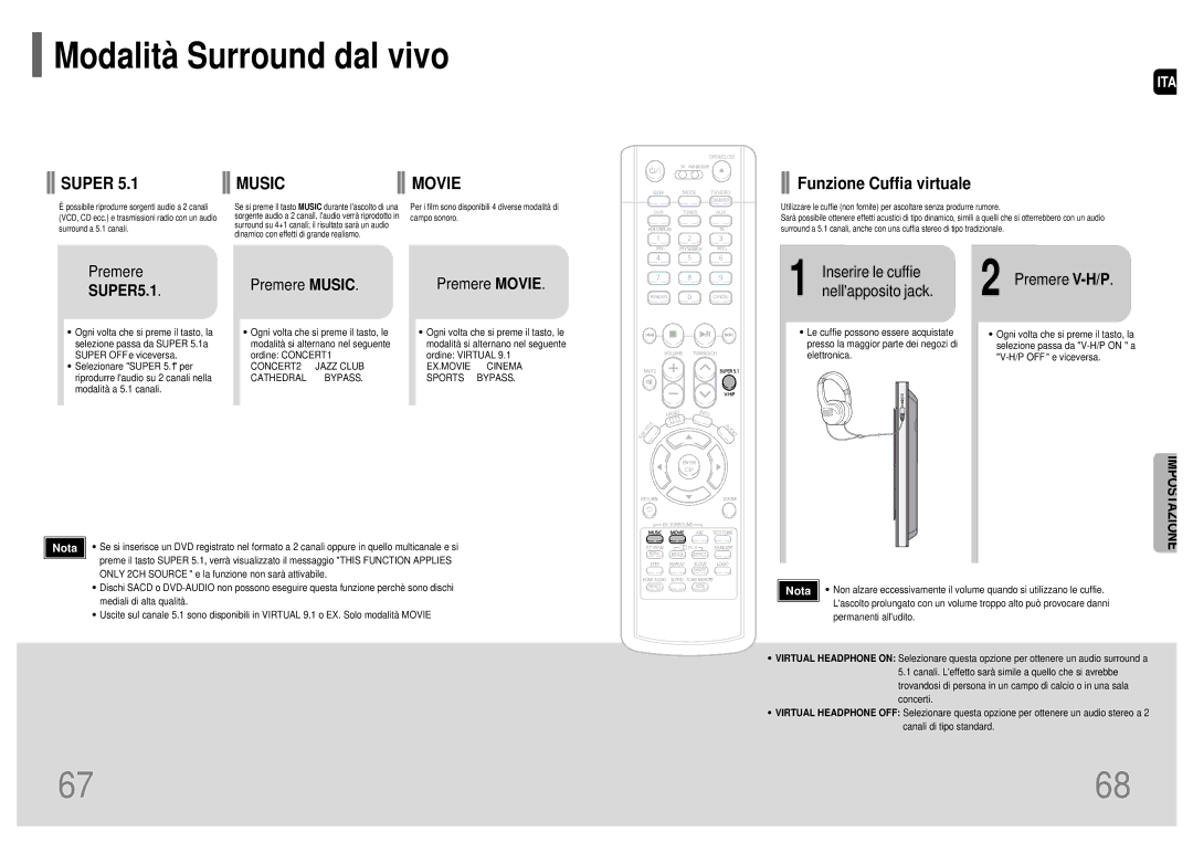 Samsung HT-P1200R/ELS manual Modalità Surround dal vivo, Funzione Cuffia virtuale, SUPER5.1 