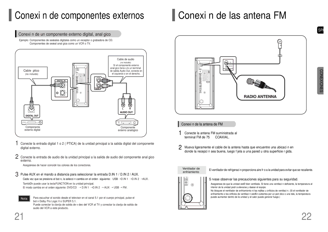 Samsung HT-P1200R/ELS manual Conexión de las antena FM, Enfriamiento, Ventilador de 