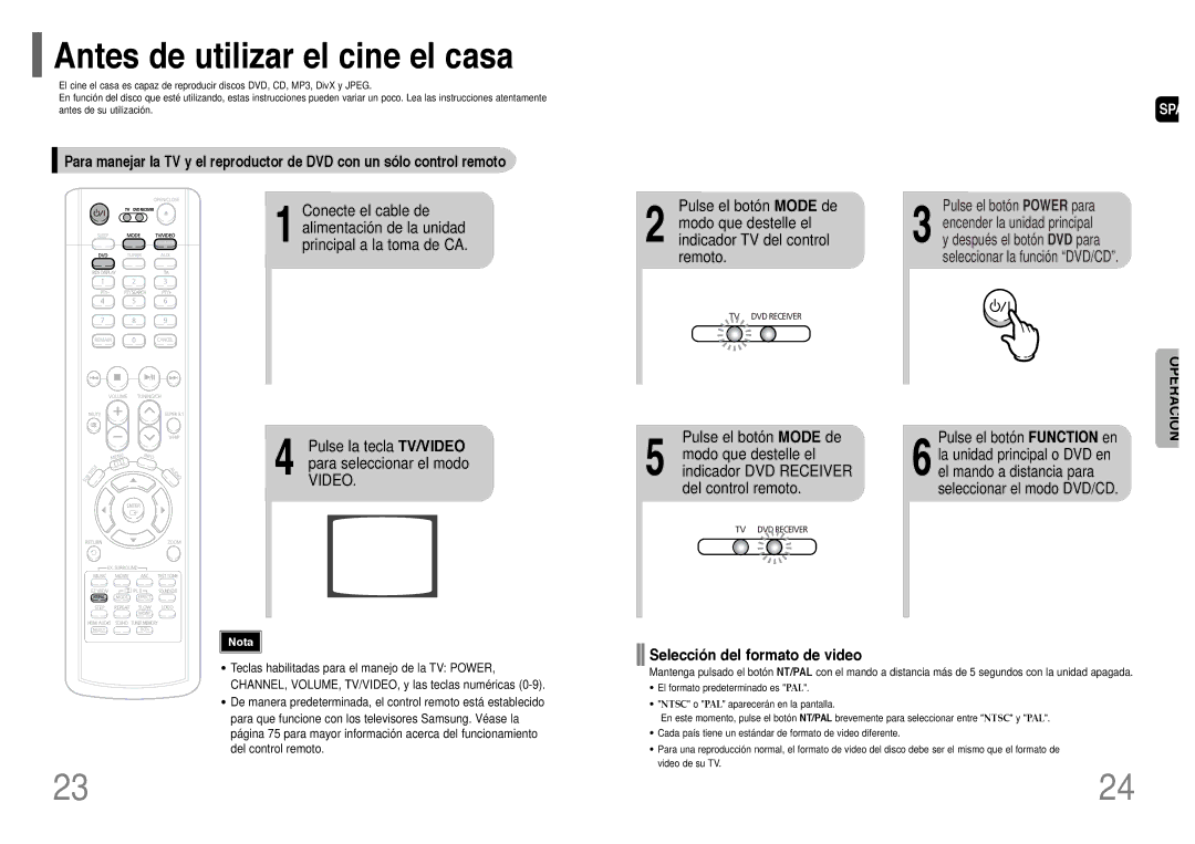 Samsung HT-P1200R/ELS manual Antes de utilizar el cine el casa, Selección del formato de video 