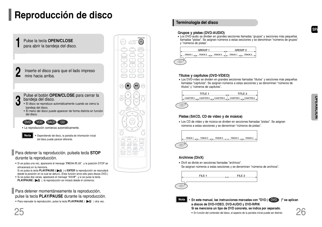 Samsung HT-P1200R/ELS manual Reproducción de disco, Terminología del disco, Grupos y pistas DVD-AUDIO, Archivos DivX 