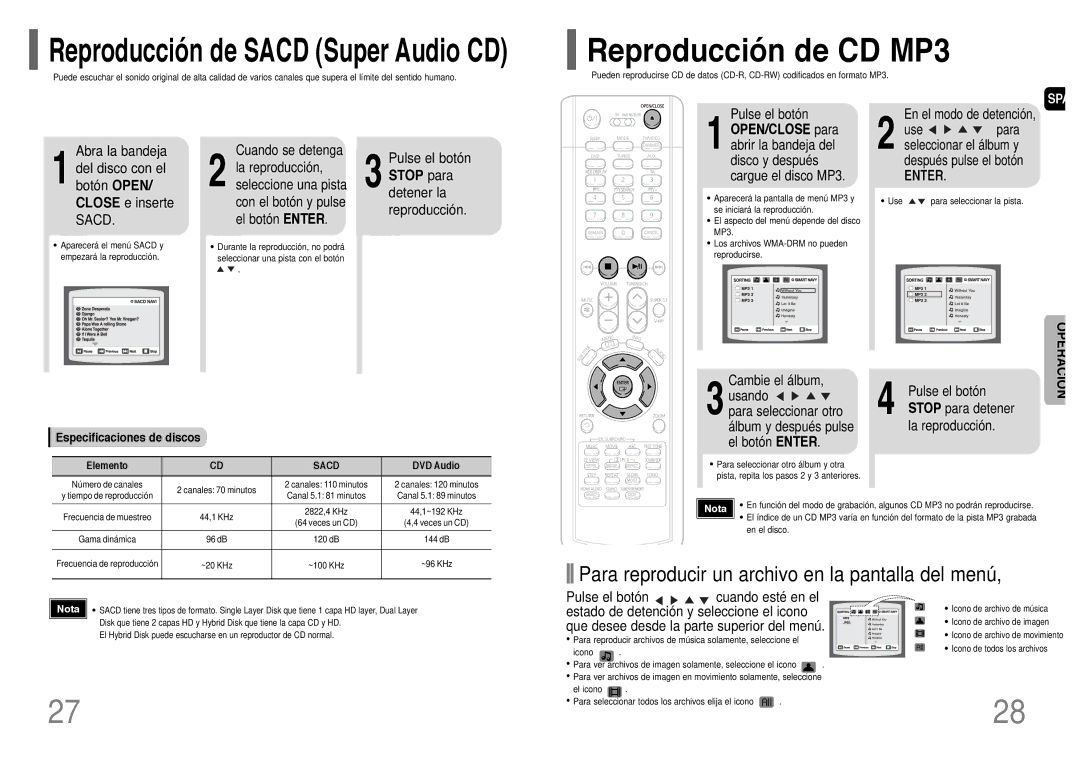 Samsung HT-P1200R/ELS manual Reproducción de CD MP3, Pulse el botón, Stop para detener 