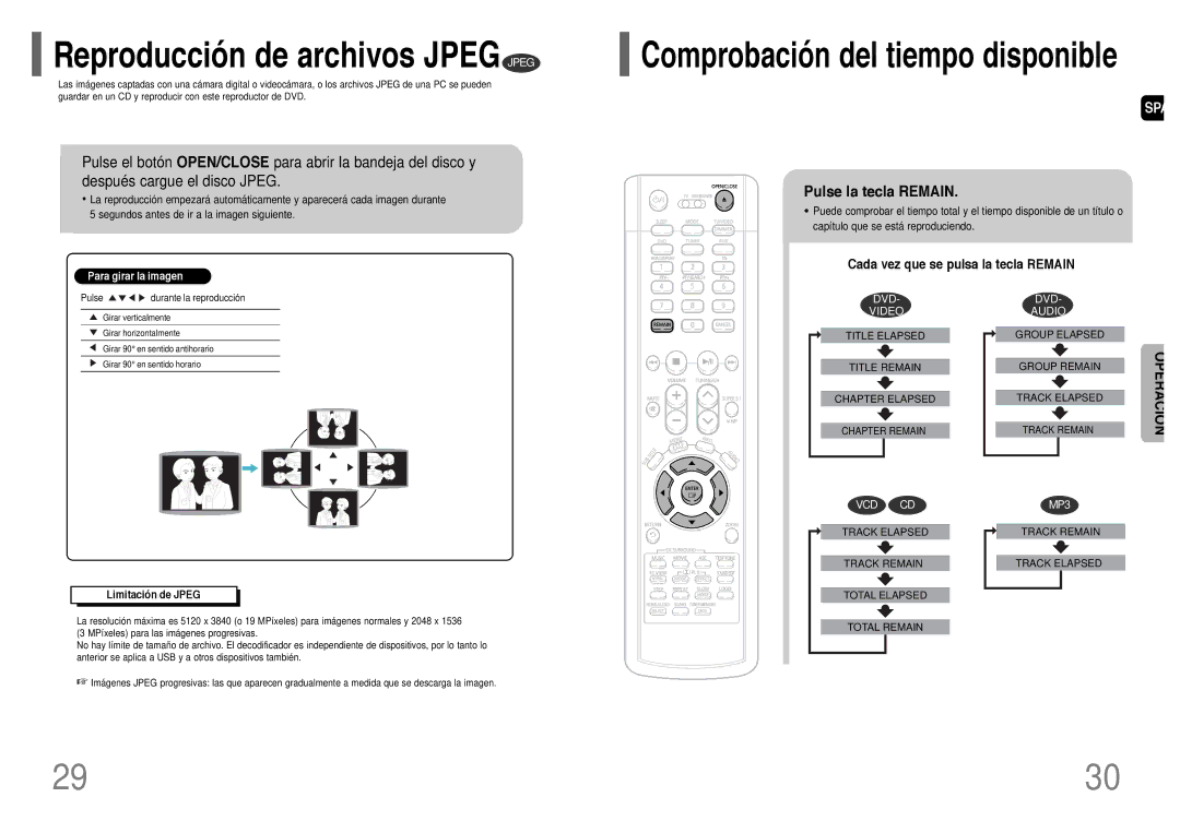 Samsung HT-P1200R/ELS manual Pulse la tecla Remain, Cada vez que se pulsa la tecla Remain, Limitación de Jpeg 