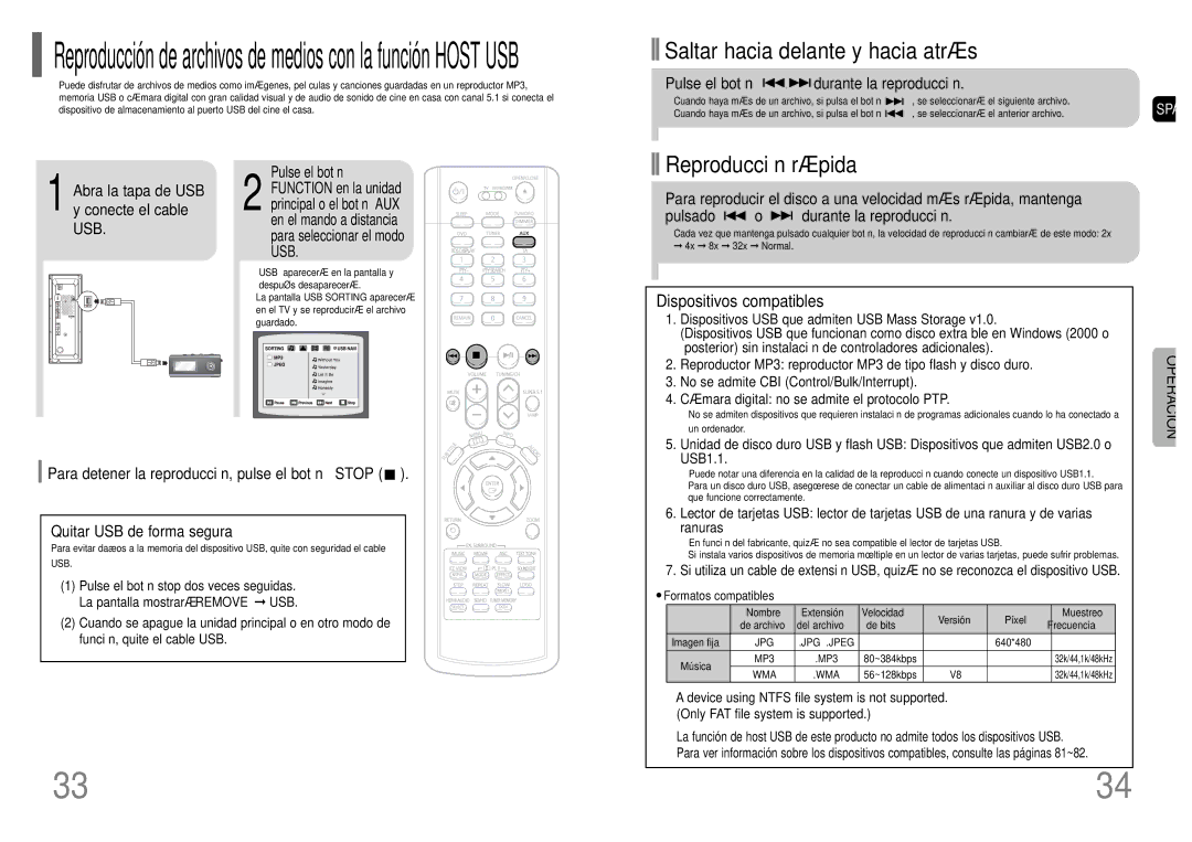 Samsung HT-P1200R/ELS manual Abra la tapa de USB y conecte el cable USB, Para detener la reproducción, pulse el botón Stop 