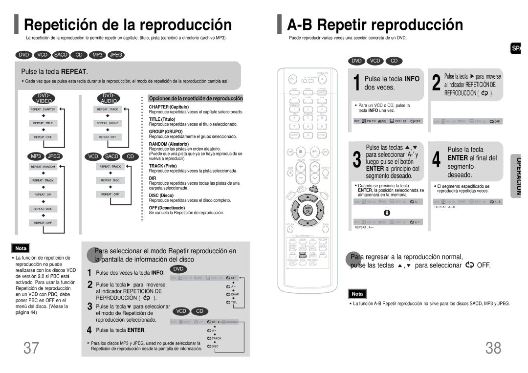 Samsung HT-P1200R/ELS manual Repetición de la reproducción, Pulse la tecla Repeat, Pulse la tecla Info dos veces 