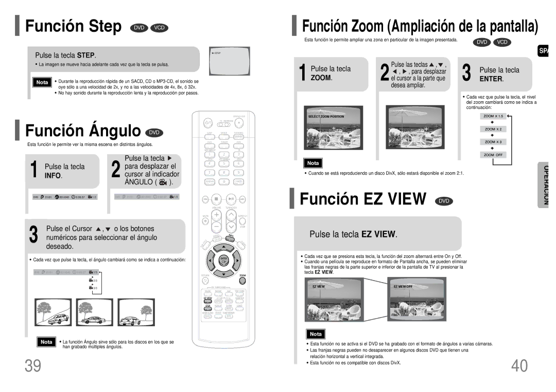 Samsung HT-P1200R/ELS manual Función Step DVD VCD, Función Ángulo DVD, Función EZ View 