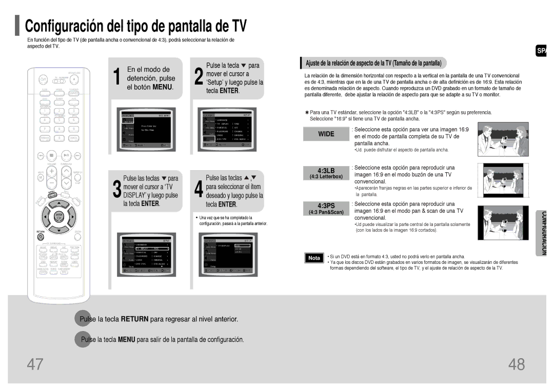 Samsung HT-P1200R/ELS manual 43LB, 43PS, Deseado y luego pulse la tecla Enter, Letterbox, 43 Pan&Scan 