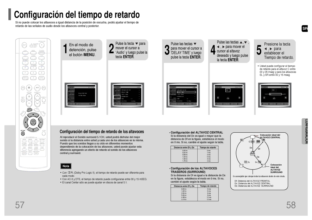 Samsung HT-P1200R/ELS manual Presione la tecla Para establecer el Tiempo de retardo, Configuración del Altavoz Central 