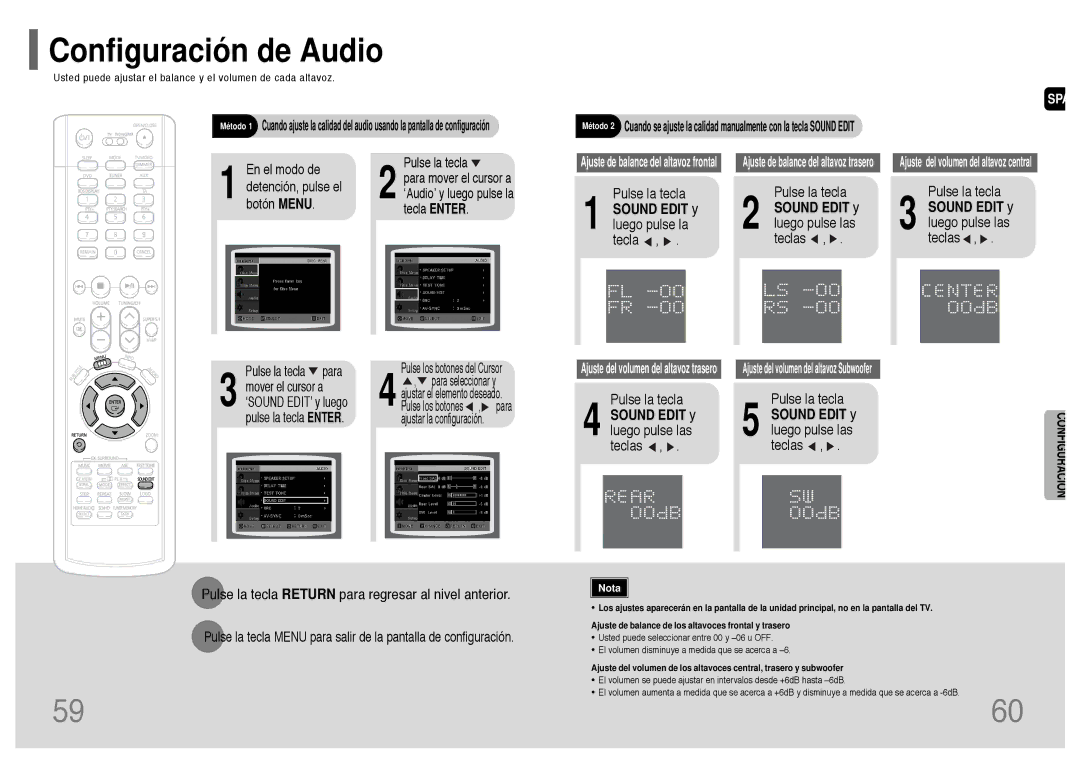 Samsung HT-P1200R/ELS manual Configuración de Audio, Sound Edit y luego pulse la tecla, Sound Edit y luego pulse las teclas 