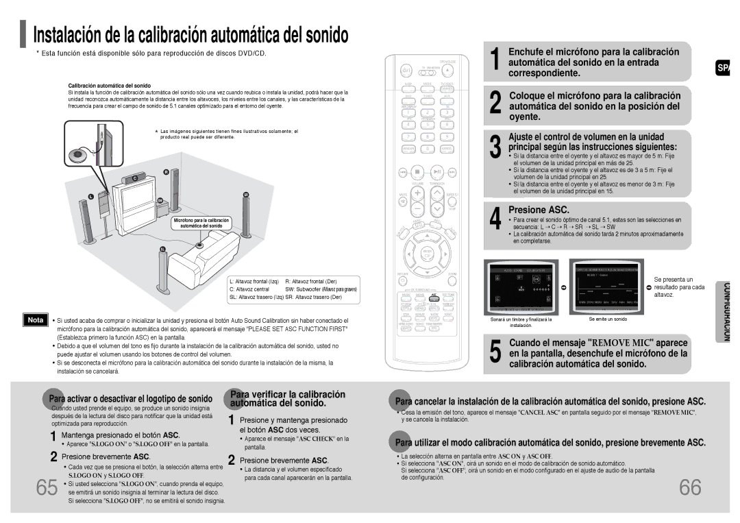 Samsung HT-P1200R/ELS manual Presione ASC, Para verificar la calibración automática del sonido 