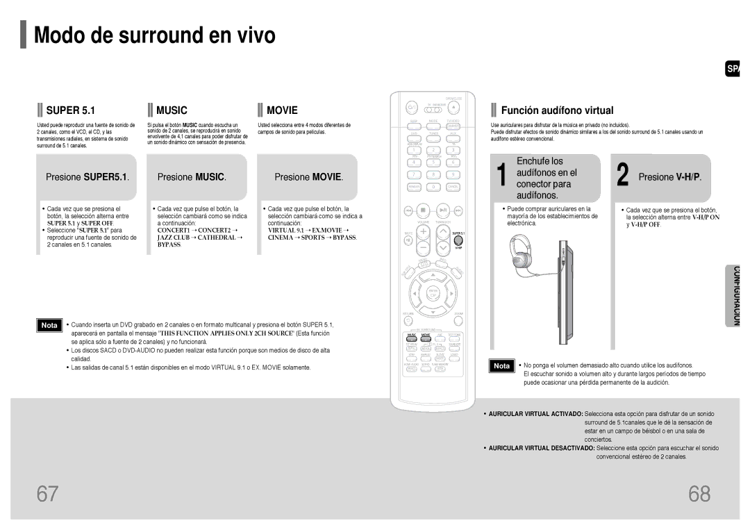 Samsung HT-P1200R/ELS manual Modo de surround en vivo, Presione SUPER5.1 Presione Music Presione Movie, Presione V-H/P 