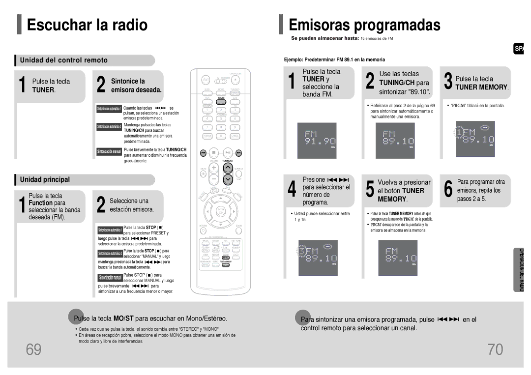 Samsung HT-P1200R/ELS manual Escuchar la radio, Emisoras programadas, Unidad del control remoto, Unidad principal 