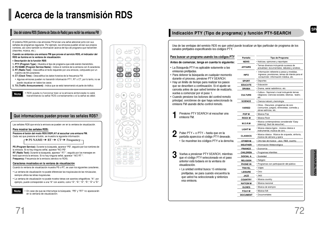 Samsung HT-P1200R/ELS manual Acerca de la transmisión RDS, Indicación PTY Tipo de programa y función PTY-SEARCH 