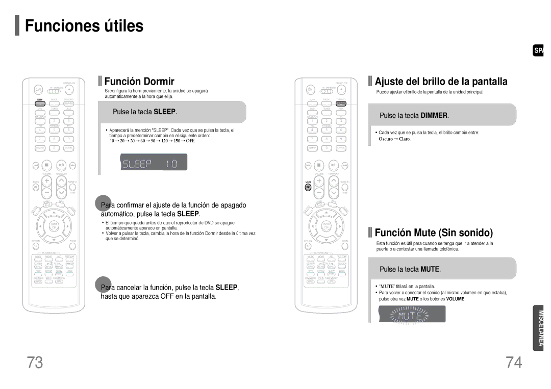 Samsung HT-P1200R/ELS manual Funciones útiles, Pulse la tecla Sleep, Pulse la tecla Dimmer, Pulse la tecla Mute 