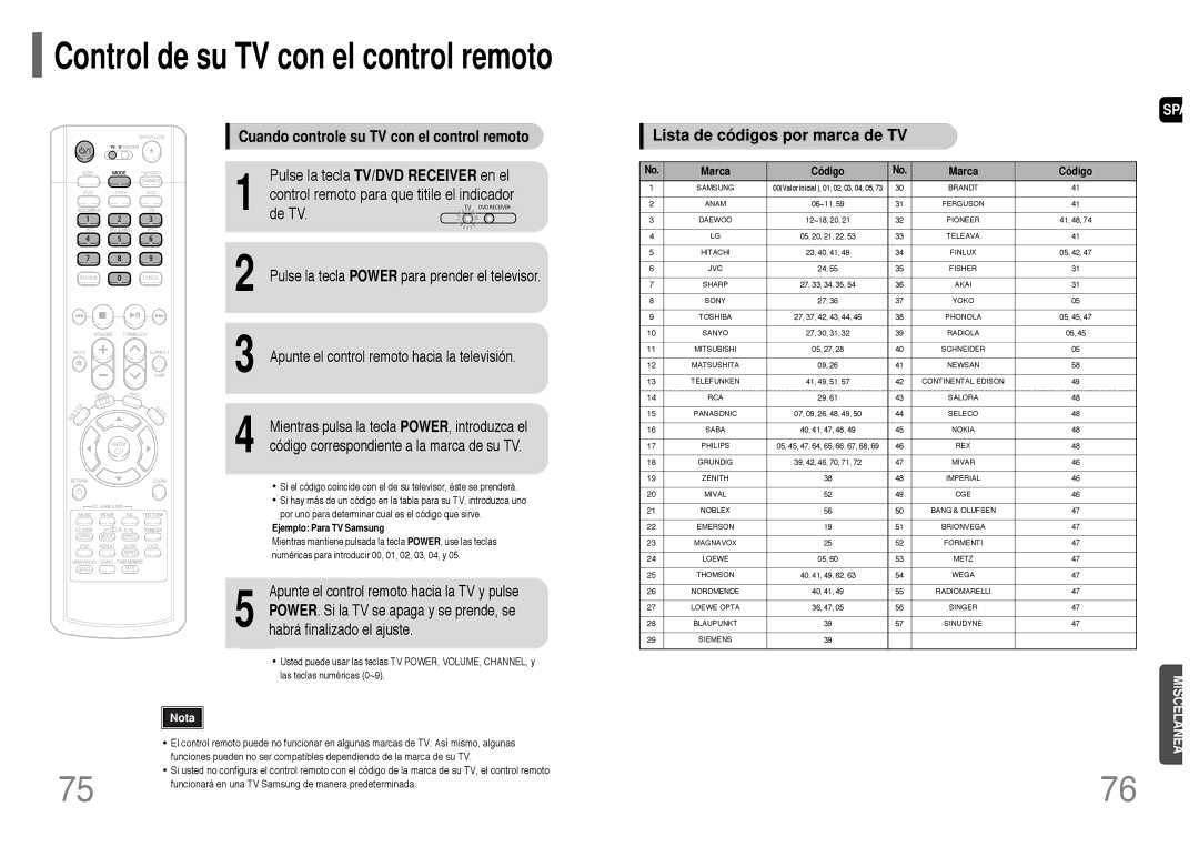 Samsung HT-P1200R/ELS manual Cuando controle su TV con el control remoto, Pulse la tecla TV/DVD Receiver en el, De TV 