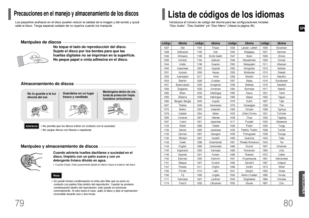 Samsung HT-P1200R/ELS manual No lo guarde a la luz Guárdelos en un lugar, Directa del sol Fresco y ventilado, Código Idioma 