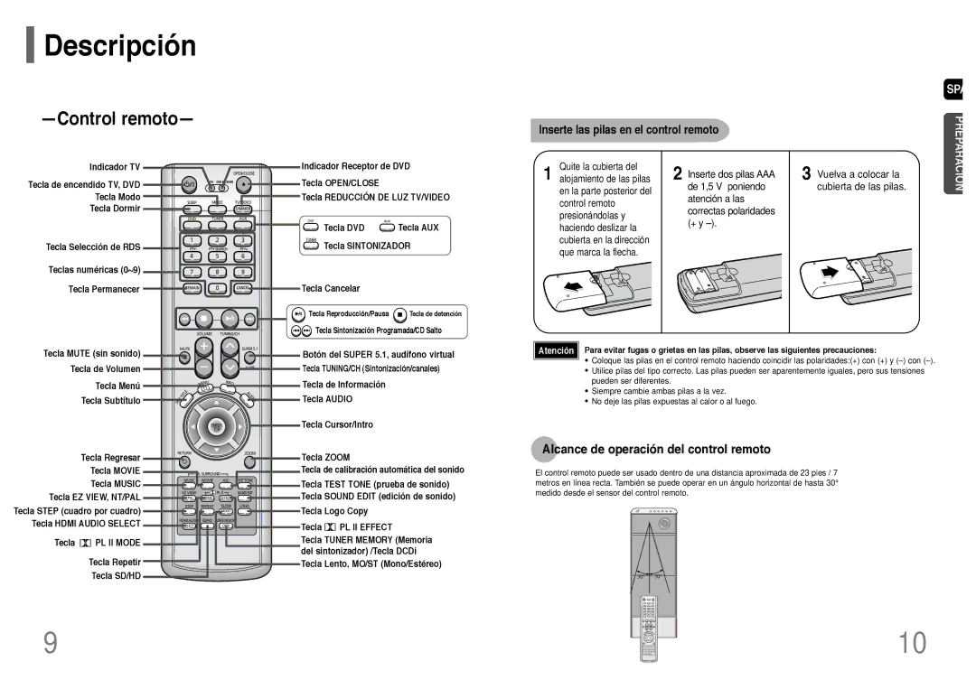 Samsung HT-P1200R/ELS manual Alcance de operación del control remoto, Inserte las pilas en el control remoto 