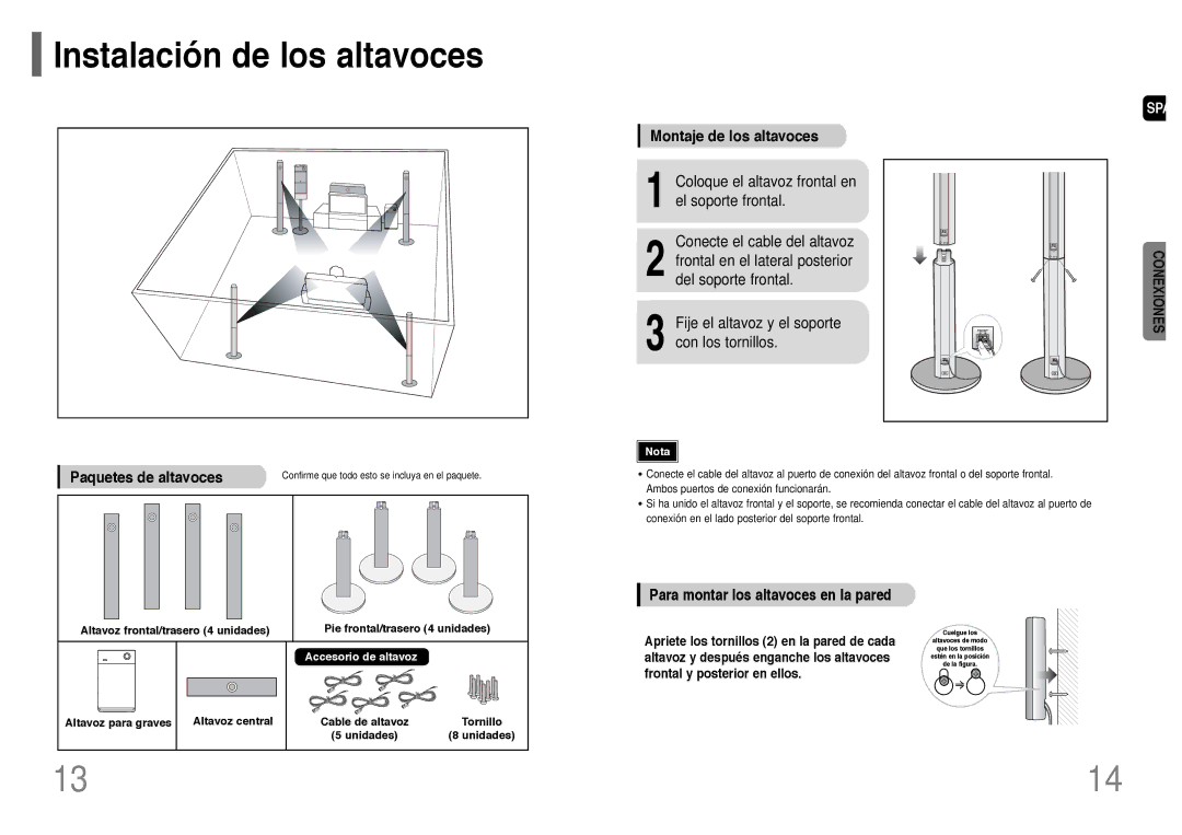 Samsung HT-P1200R/ELS manual Instalación de los altavoces, Paquetes de altavoces, Montaje de los altavoces 