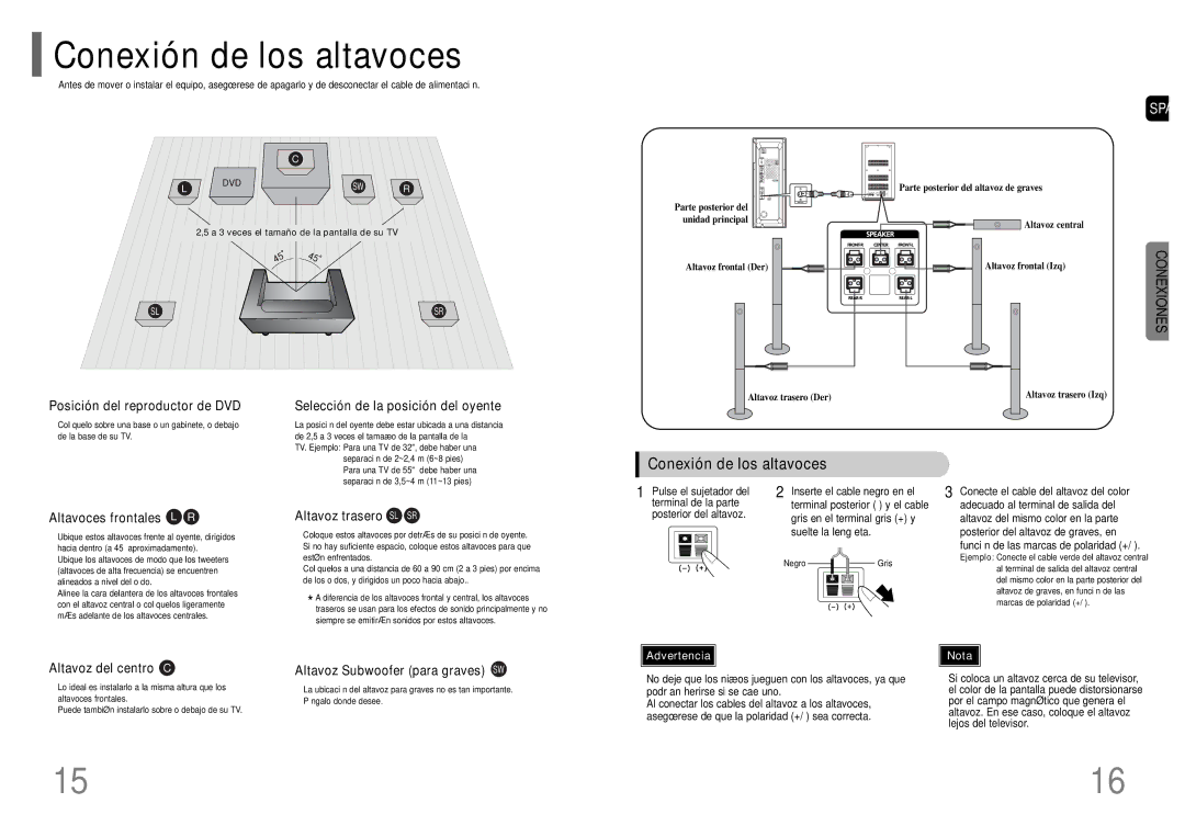 Samsung HT-P1200R/ELS manual Conexión de los altavoces 