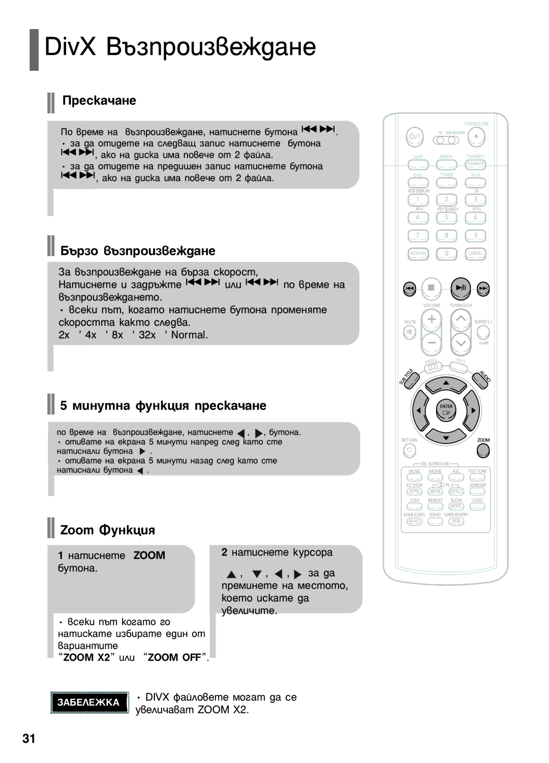 Samsung HT-P1200R/ELS DivX Ç˙ÁÔÓËÁ‚ÂÊ‰‡ÌÂ, Âòí‡˜‡Ìâ, ˙Áó ‚˙Áôóëá‚Âê‰‡Ìâ, ÏËÌÛÚÌ‡ ÙÛÌÍˆËﬂ ÔÂÒÍ‡˜‡ÌÂ, Zoom îÛÌÍˆËﬂ 