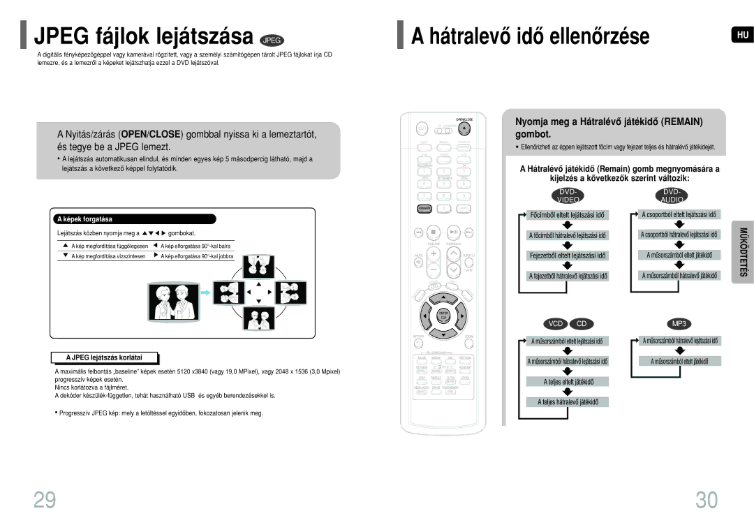 Samsung HT-P1200R/ELS manual Jpeg fájlok lejátszása Jpeg, Hátralevô idô ellenôrzése, Kijelzés a következôk szerint változik 