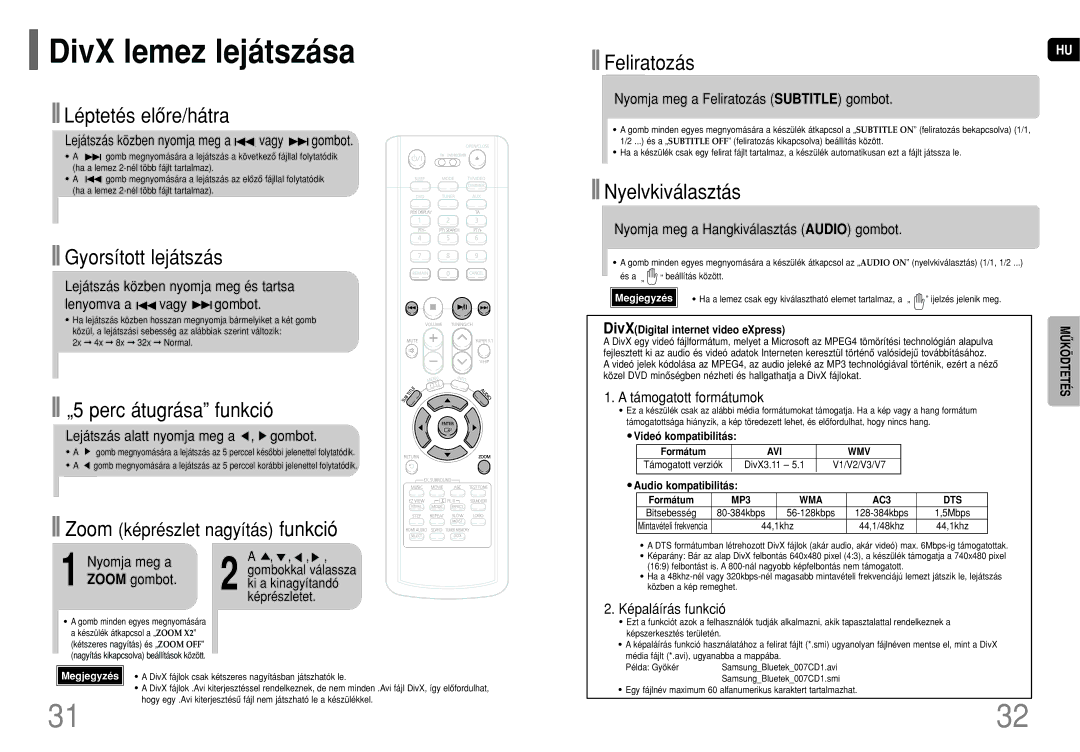 Samsung HT-P1200R/ELS manual DivX lemez lejátszása 