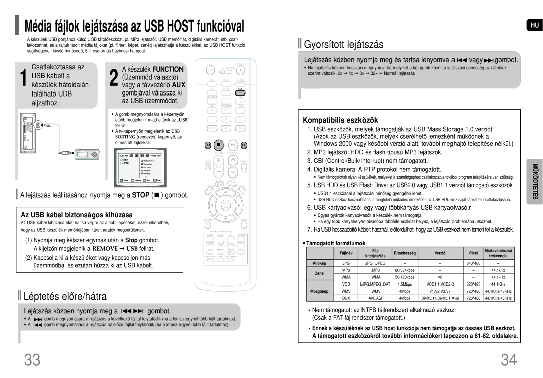 Samsung HT-P1200R/ELS manual Kompatibilis eszközök, Az USB kábel biztonságos kihúzása 