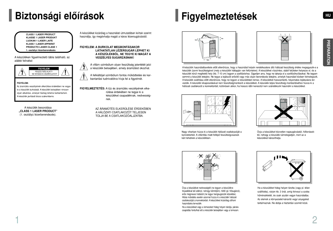 Samsung HT-P1200R/ELS manual Biztonsági elôírások FigyelmeztetésekHU, Készülék besorolása, Osztályú lézerberendezés 