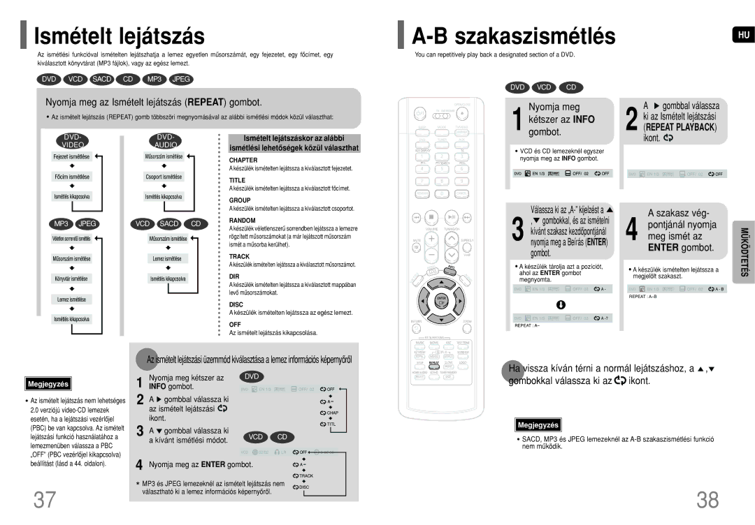 Samsung HT-P1200R/ELS manual Ismételt lejátszás, Szakaszismétlés 