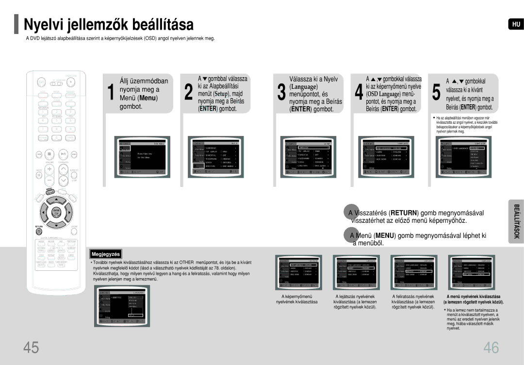 Samsung HT-P1200R/ELS Nyelvi jellemzôk beállítása, Gombbal válassza, Válassza ki a Nyelv, Nyomja meg a Menü Menu gombot 