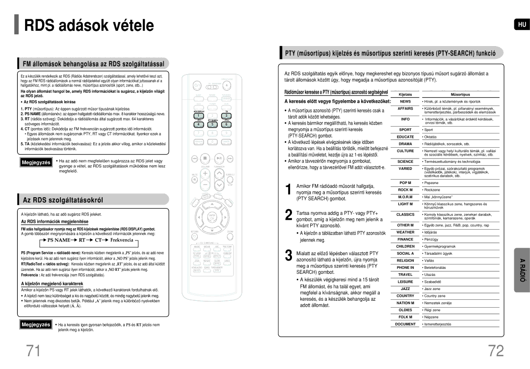 Samsung HT-P1200R/ELS manual RDS adások vétele, FM állomások behangolása az RDS szolgáltatással, Az RDS szolgáltatásokról 