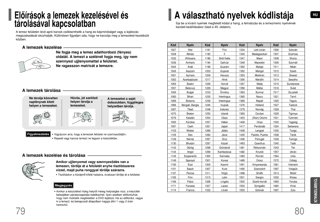 Samsung HT-P1200R/ELS manual Lemezek tárolása, Lemezek kezelése és tárolása, Kód Nyelv 