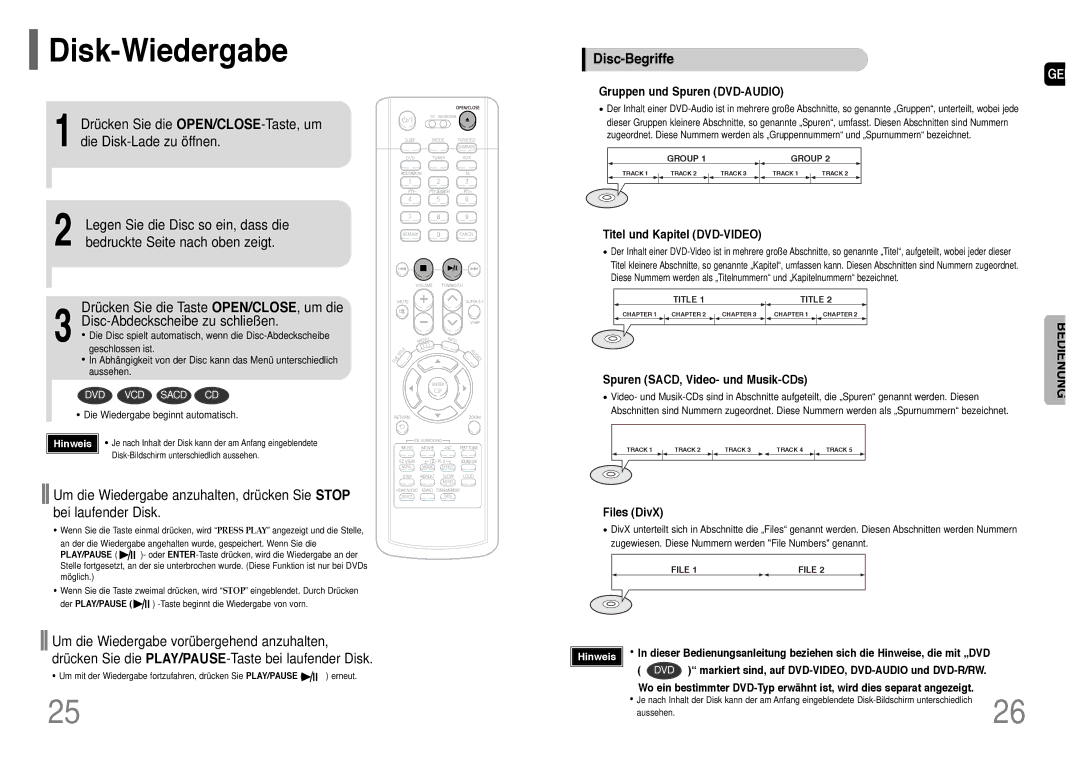 Samsung HT-P1200T/ADL manual Disk-Wiedergabe, Disc-Begriffe, Gruppen und Spuren DVD-AUDIO, Titel und Kapitel DVD-VIDEO 