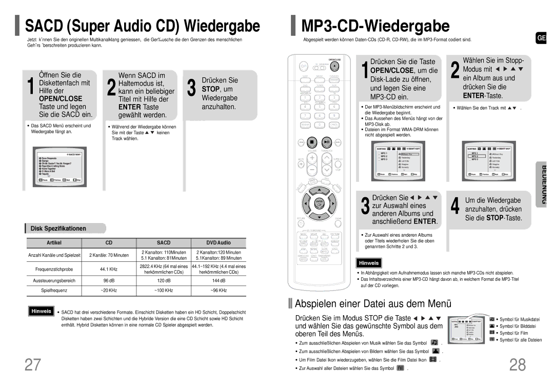 Samsung HT-P1200R/ELS, HT-P1200T/ADL manual Sacd Super Audio CD Wiedergabe, Stop , um, Enter Taste 